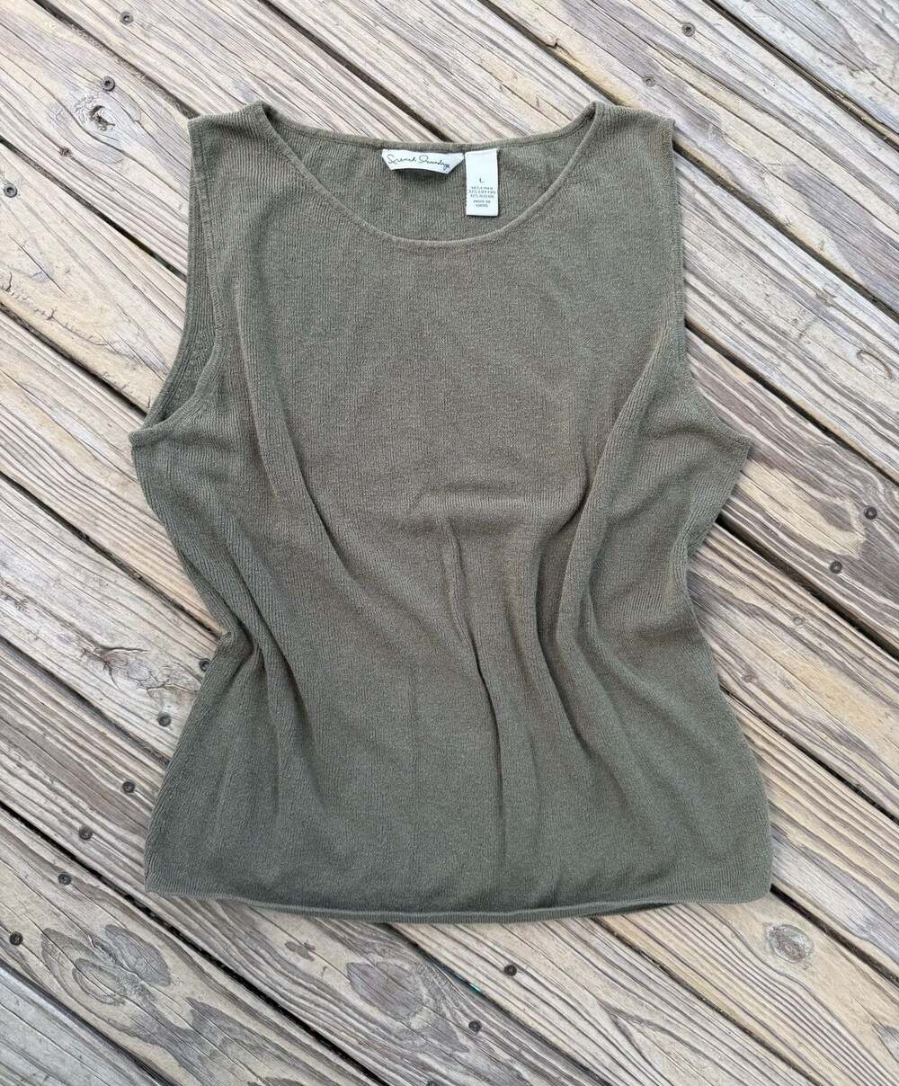 French Laundry Size L Olive Green Linen Blend Sleeveless Knit Tank Top